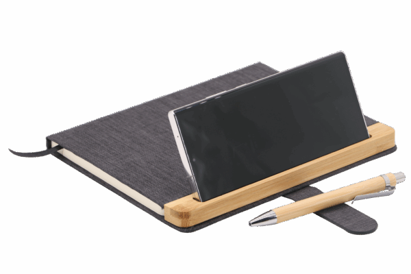 Notebook écologique avec stylo et support smartphone bambou noir