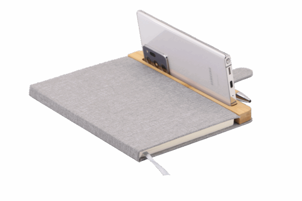 Notebook écologique avec stylo et support smartphone bambou gris