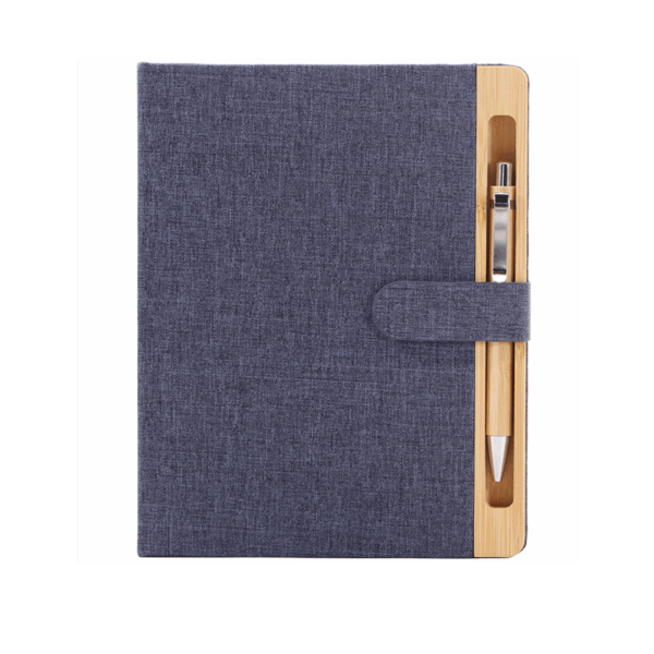 Notebook écologique avec stylo et support smartphone bambou bleu